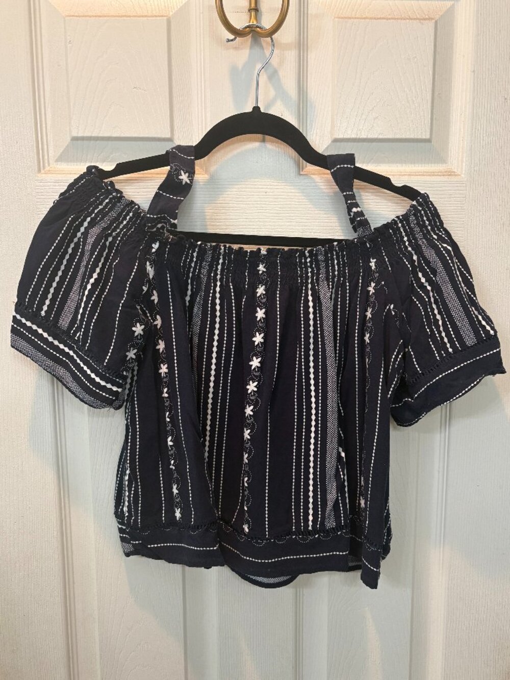 🛍️ Purple Rain Off-Shoulder Embroidered Navy Boho Top Size L